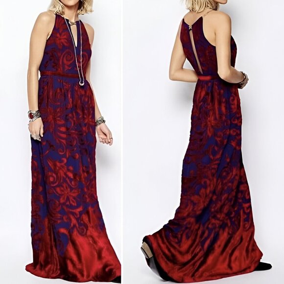 NWT Free People Dress SIZE 2 Blue Red Burnt Velvet Bohemian Boho Maxi Festival - Picture 9 of 10